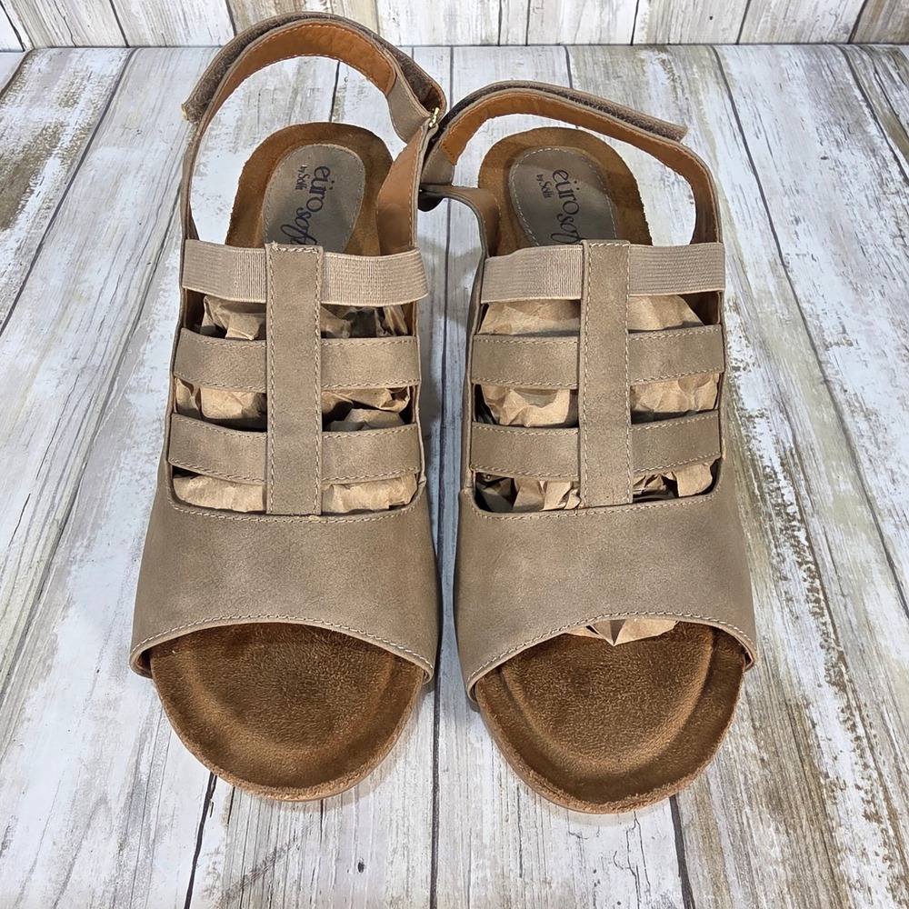 Eurosoft by Sofft Womens Taupe Wedge Sandals Strappy Slingback Size 8.5M